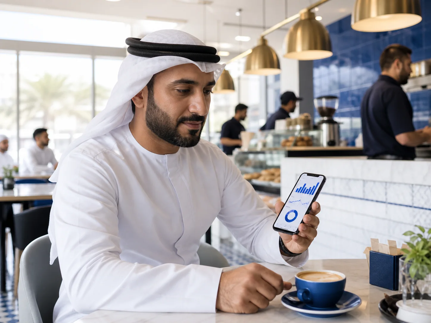 مالك مطعم يراجع تقارير المبيعات على الهاتف